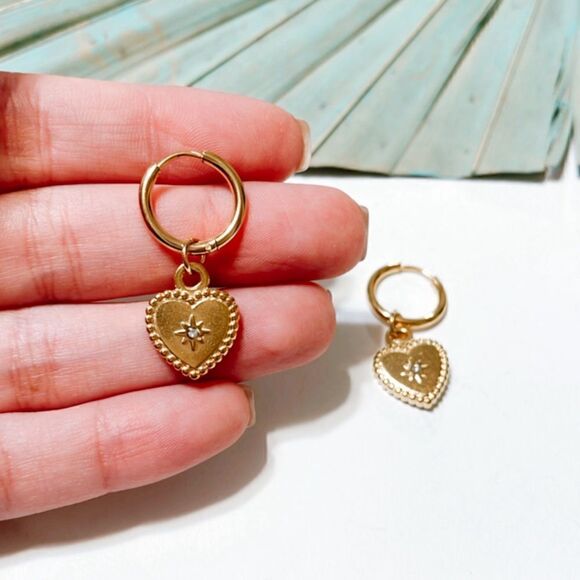 Gold heart dangle hoop earrings #47 - Picture 2 of 2